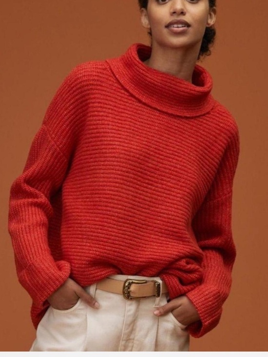 Anthropologie Sweaters - Pilcro Red Chunky Knit Turtleneck Sweater Small Cropped Cozy Textured Winter